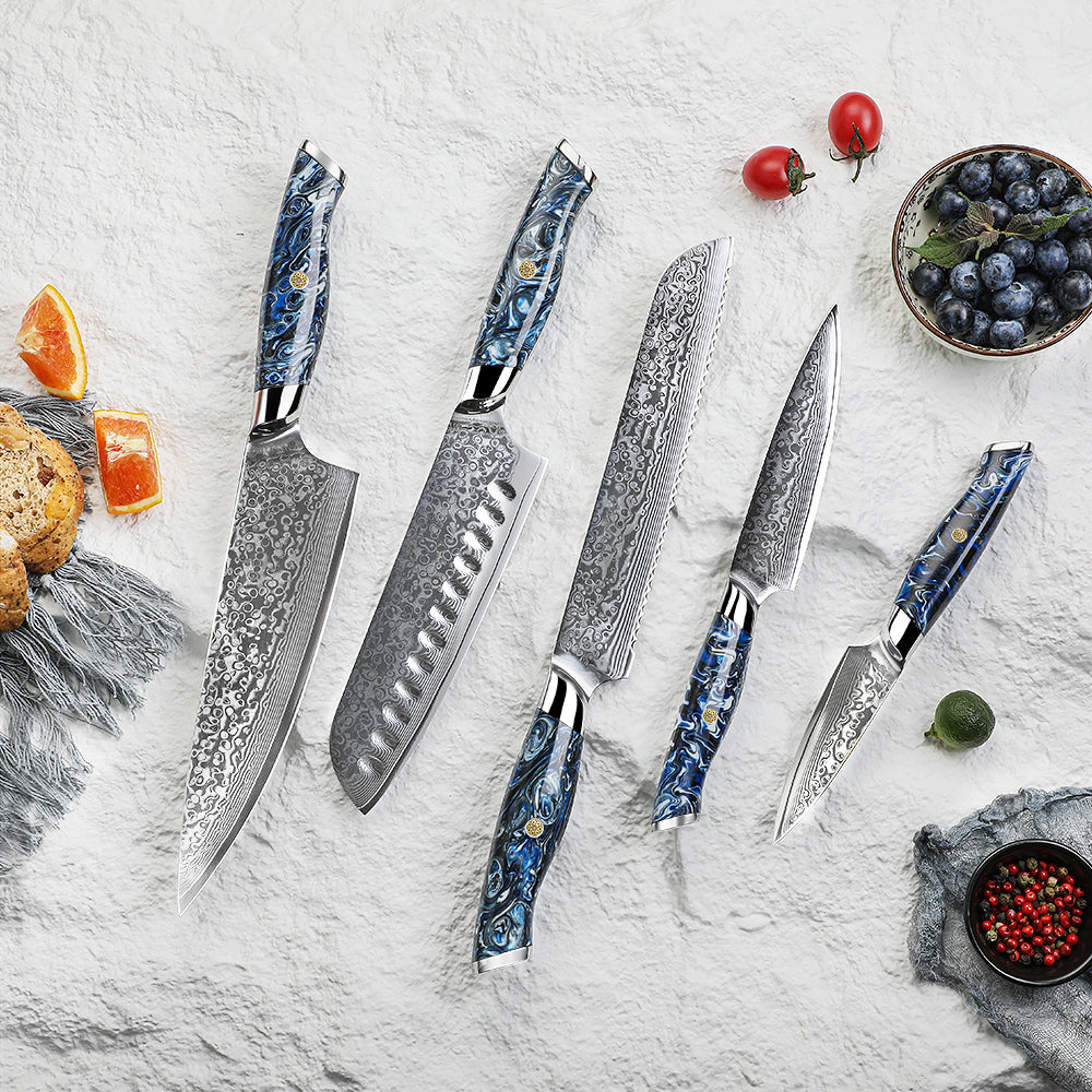 Knife Sets, 5PCS Kitchen Knife Set Damascus Stainless Steel Knife Japanese  Chef Paring Santoku Slicing Utility Cooking Knives